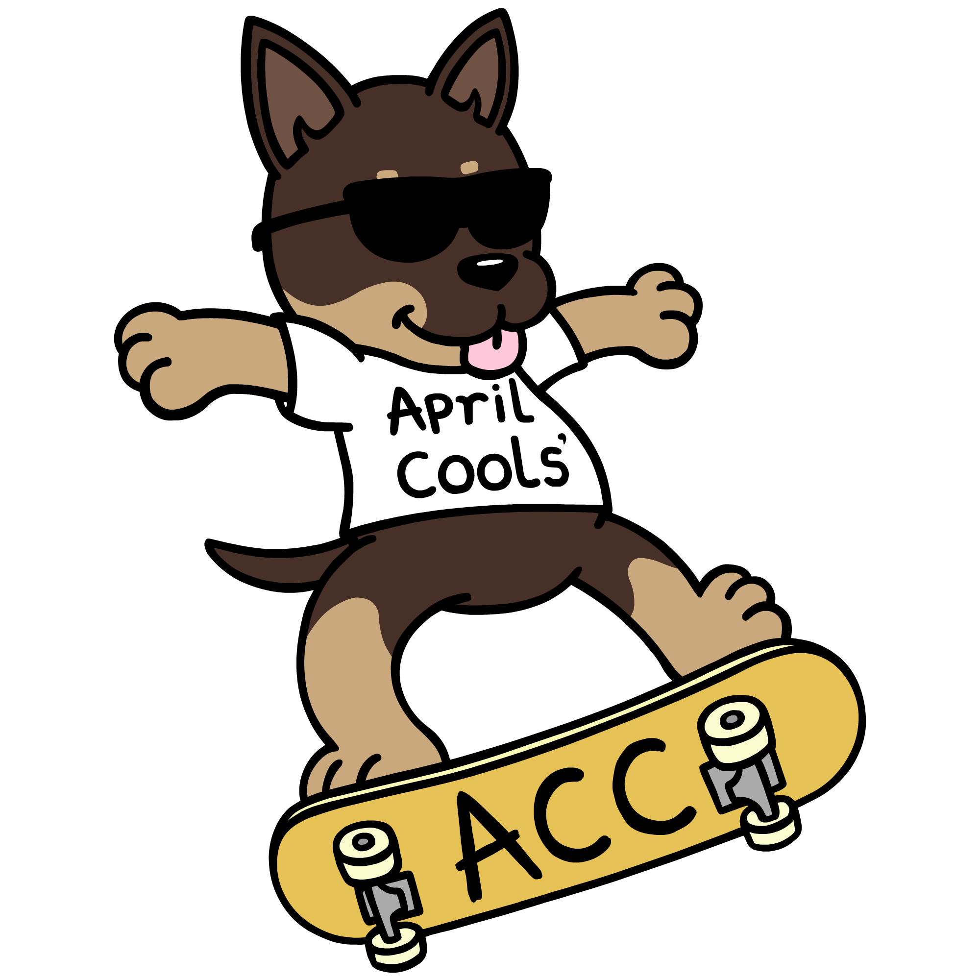 A cartoon-style drawing of a shepherd dog on a skateboard, wearing sunglasses and a white shirt saying “April Cools'”